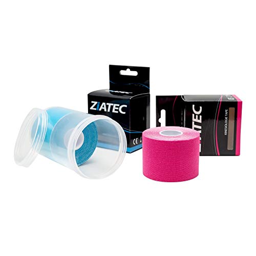Bande de Kinésiologie ZiATEC Pro Kinesiology Tape - 2 rouleaux avec boîtier de protection | Ruban élastique et imperméable pour le sport (5cm x 4,5m), couleur:1 x rose / 1 x bleu foncé Cover