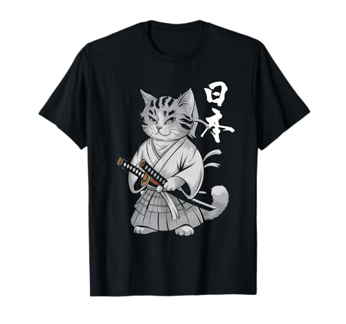 Samurai Chat Vintage Ukiyo-e Guerrier Kanji Japon Anime T-Shirt