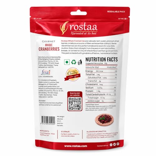 Image of Rostaa Gourmet Whole Cranberries 200 gms | Rich in Antioxidants, Fiber & Vitamin C | Supports Immunity, Digestion & Heart Health | Premium & 100% Natural Snack (200 GM (Pack of 2))