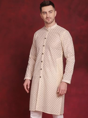 Image of Jompers Men's Silk Blend Regular Fit Sequin Chikankari Front Open Kurtas