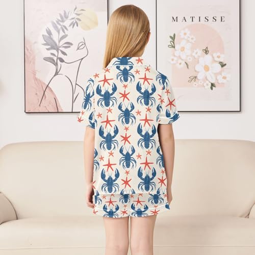 ALAZA Retro Lobster Starfish Blue Red Satin Pajamas Set Short Sleeve Button Down Sleepwear Summer Pjs 2 Piece4