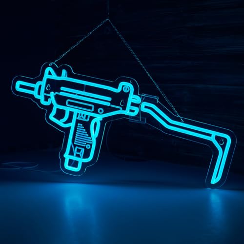 Image of Gun Neon Sign UZI Sign for Wall Decor Large Size(23.4x11.2 Inch) Smart plug timer compatible USB Powered Man Cave Bedroom Decor