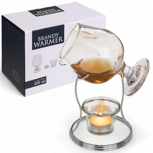MIJOMA Brandy Warmer Geschenkset – Cognac Wärmer mit 400ml Glas-Schwenker, Edelstahl-Ständer und Teelichthalter aus Glas, Aromavoll für Genießer