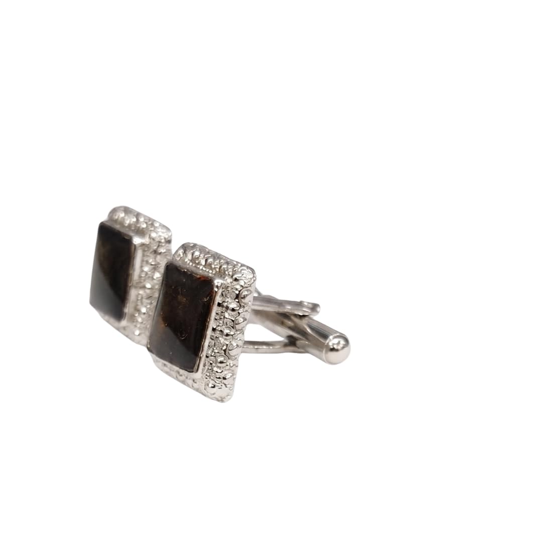 Men's Square Enamel Cufflinks – 15mm Dark Gold Shimmer Textured Border Cuff Links Set-image-34