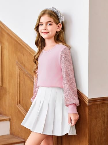 Image of Haloumoning Girls Sequin Shirts Kids Cute Long Sleeve V Neck Tops 5-14 Years