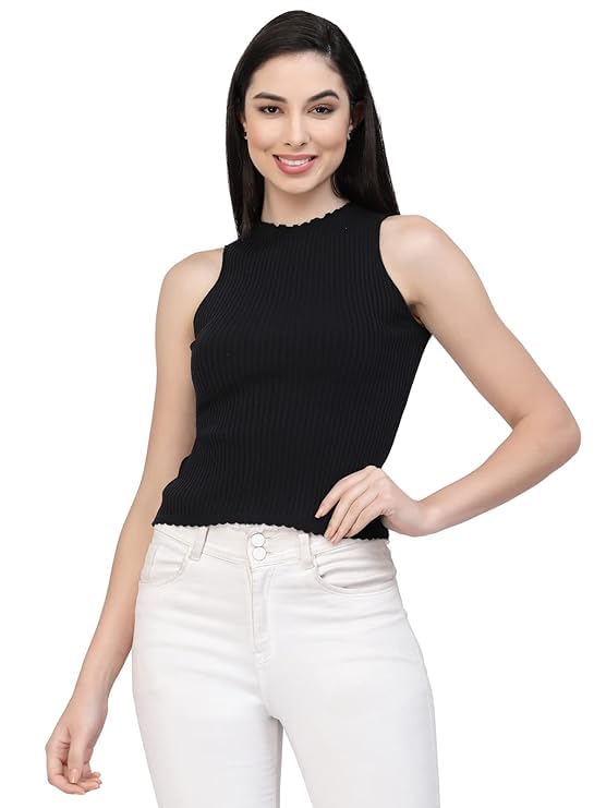 Image of Kalt Womens Knitted, Ribbed Cotton Fitted Sleeveless Round Neck Cami Tank Top