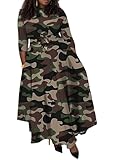 Baczoe Women's Plus Size Sexy Outfits 3/4 Sleeve Army Fatigue Stretch Flowy Maxi Dress with Pockets (Green Camo, 2XL)