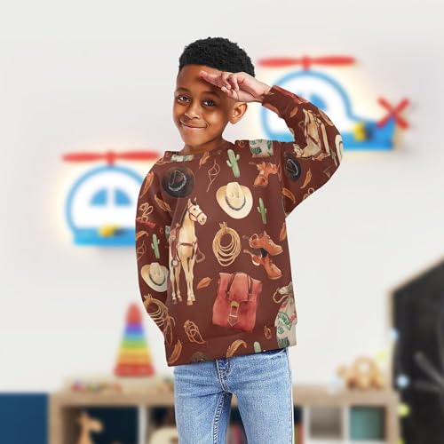 JUNZAN Western Cowboys Artwork Brown Little Girls Hooded Sweatshirt Long Sleeve Kids Pullover Hoodie Camping 4T4