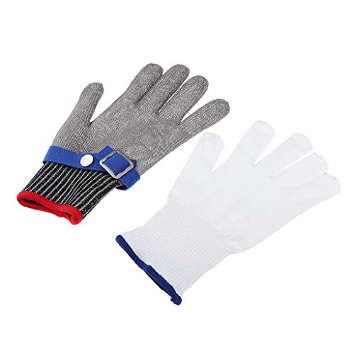 Preisvergleich Produktbild 1 Paar Schnittschutzhandschuhe Metallgewebe Handschuh, Schnittfeste, Farben auswählbar - Rote Kante + Blaue Schnalle