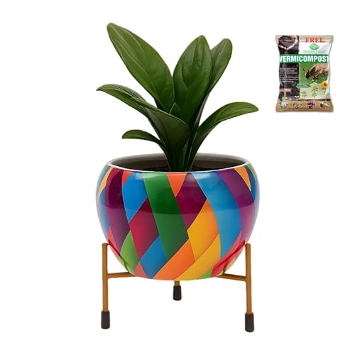 Image of Natural Earth Metal Flower Vase Planter Pot with Iron Stand | Decorative Plant Cachepot for Indoor & Outdoor Use | Succulent Pot for Home & Garden Decor (Geometric Multicolour)