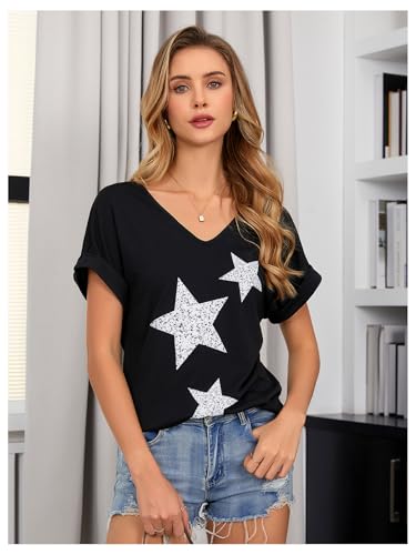 SweatyRocks Women's V Neck Dolman Short Sleeve Star Print Tee Shirts Summer Tops4
