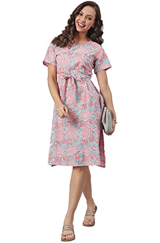 Image of Janasya Women's Light Pink Cotton Western Dress