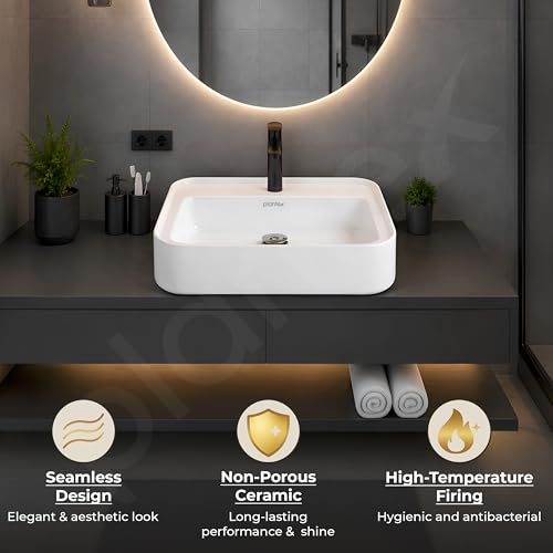Image of Plantex Ceramic Wash Basin /One Piece Basin for Bathroom with 10 Years Glaze Warranty by Plantex /Table Top Washbasin for Home /Office /Hotels (White - 20.5 x 17 x 5 Inch)