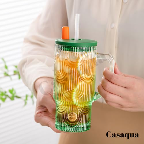 Image of Glass Tumbler with Handle, Lid & Straw - 620ml, Set of 1, Reusable Drinking Cup, Leak-Resistant Sipper Mug for Iced Coffee, Water, Juice, Smoothies, Bubble Tea, Home, Office & Travel