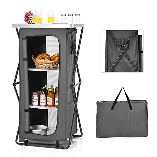 Goplus Folding Camping Storage Cabinet, Pop Up Outdoor Camping Kitchen Station with Large 3-Tier Storage Organizer, Carry Bag, Easy Set Up Portable Compact Camping Table for BBQ Picnic Backyard (47'')