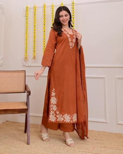 Image of ANNI Designer Pure Cotton Embroidered Kurta Set for Women | Rust Orange Kurta with Pants & Dupatta | Floral Neck & Hem Embroidery | Cotton Kurta Set for Women | 10 Colour Options Available