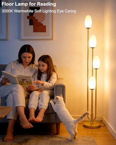 Image of Lightdot Gold Floor Lamp 4-Lights Dimmable Floor Lamps with Oval Lampshade 3000K Bulbs Included Unique Modern Standing Tall Lamp with 5Lbs Heavy Base for Living Room /Bedroom /Sofa Beside /Corner Decor