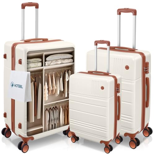 Hoteel Luggage Sets 3 Piece ABS PC Suitcases with Wheels and Side Hook Hardshell 20/24/28 inch Luggage set for Family Trip,Beige
