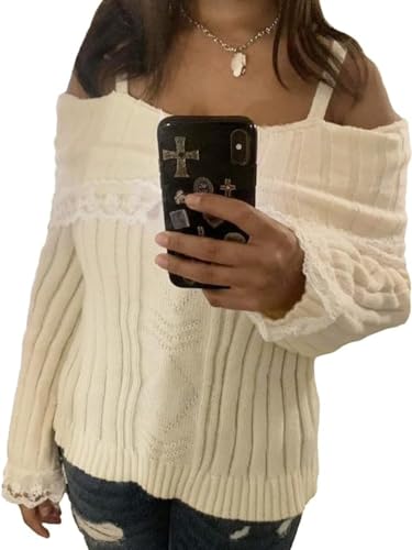 Women Off Shoulder Sweater Top Y2K Aesthetic Long Sleeve Lace Trim Knit Pullover Sweater Cutecore Kawaii Clothes2