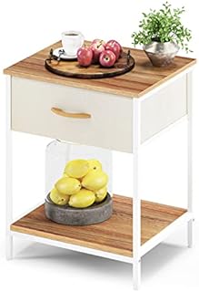 JRAO Nightstand 2-tier Metal Bedside Table Mini Bedside Storage Cabinet Small Chest of Drawers Low Sofa Side Table Narrow End Table for Living Room Bedroom Steel & Wooden White & Beige