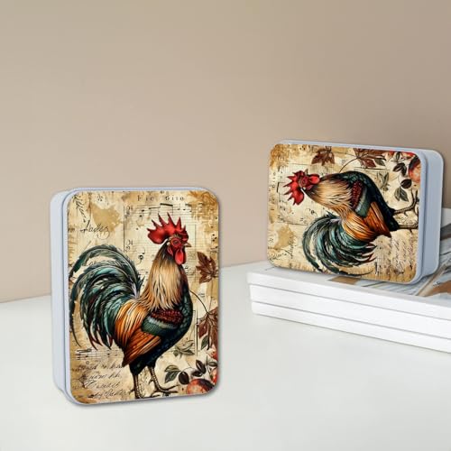 Image of Metal Tin Box with Lid,Multi-functional Storage Large Box Can Store Tea Biscuits Game Cards, Playing & Tarot Cards-Comes with 4 Magnetic Cord Clips,Vintage Rooster Art