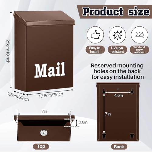 Image of MorningRo 10 x 7 x 3 Inch Small Brown Wall Mount Mailbox with Lock Key for Outside Apartment Porch Rust Proof Security Key Drop Box for Letters Newspapers Cards