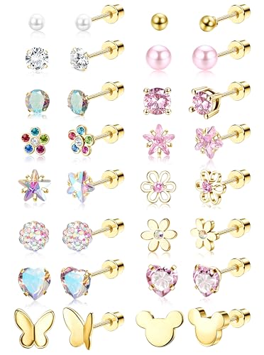 Image of CASSIECA 16 Pairs Hypoallergenic Screw Back Earrings for Women Girls 316L Stainless Steel CZ Ball Heart Flower Screwback Flat Back Stud Earrings Jewelry Gift Women Multicolored Pink