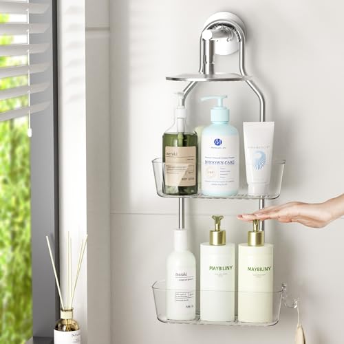 Ettori Hangende douche-caddy, 2-laags roestvrije douche-organizer, aluminium badkamerorganizer voor douchegel en shampoo, zilver