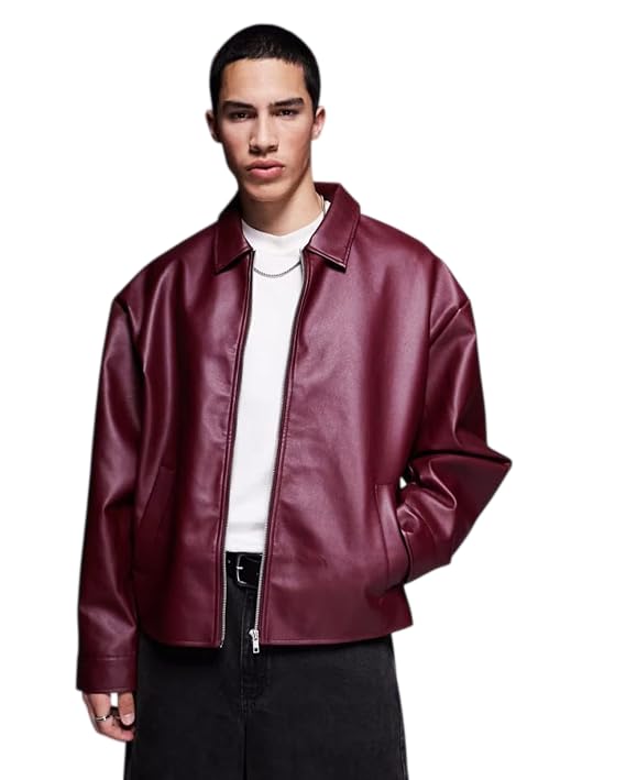 Gigavibe Men's Oversized Faux Leather Jacket, Burgundy, Zip-Up, Spread Collar, Casual Style-picture-22