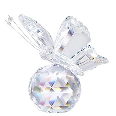 H&D Crystal Flying Butterfly with Crystal Ball Base Figurine Collection Cut Glass Ornament Statue Animal Collectible (Clear)