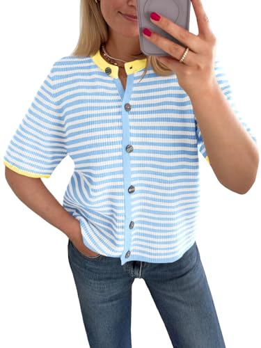 Saodimallsu Womens Short Sleeve Cardigans Lightweight Striped Button Down Crew
