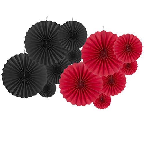 Image of MOWO Black Red Paper Fans Hanging Decoration, 12pc | birthday graduation wedding retirement baby shower new year valentines day party decoration