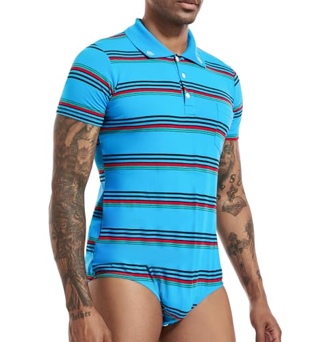 Mens Short Sleeve Bodysuit Polo Shirt Stripe Romper One Piece Plus Size Pajamas Tops for Men4