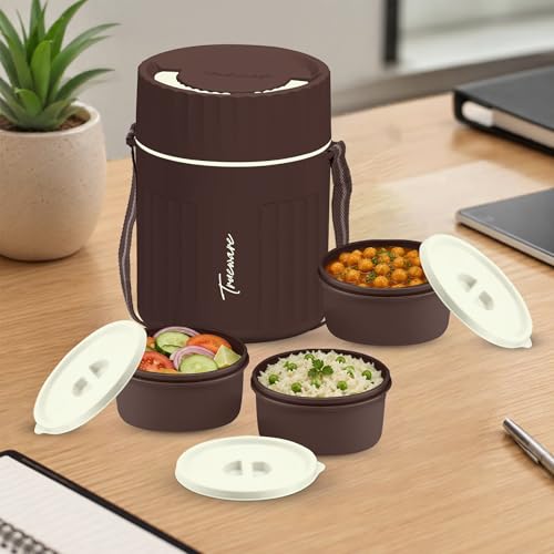 Image of Trueware SNAKK 3 Insulated Hot Lunch Box with 3 PP Container, 3 Container 300 ML Each, Food Grade, BPA Free | Office Lunch Box | Tiffin Box