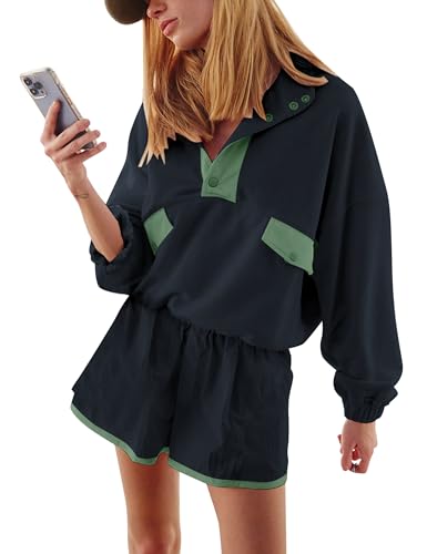 Women Quarter Button Sweatsuits 2025 Oversized Color Block Sweatshirts Sets Shorts Tracksuits Casual 2 Piece Outfits