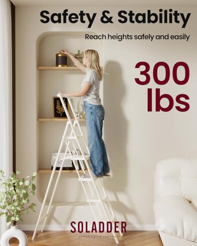 Image of SOLADDER 5 Step Ladder, Folding Step Stool, White Foldable Iron Ladder for 10 Foot High Ceiling with Anti-Slip Wide Sturdy Pedal and Handgrip, Multi-Use for Home (300 lbs Capacity)