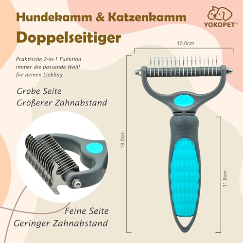 YOKOPET Unterwolle Bürste Hund, Katzen- & Hundebürste, Unterfellbürste Hunde für Langhaar- & Kurzhaar Katzen Hunde, Doppelseitige 9+17 Rundzähne, Deckhaarschutz, Anti-Knoten