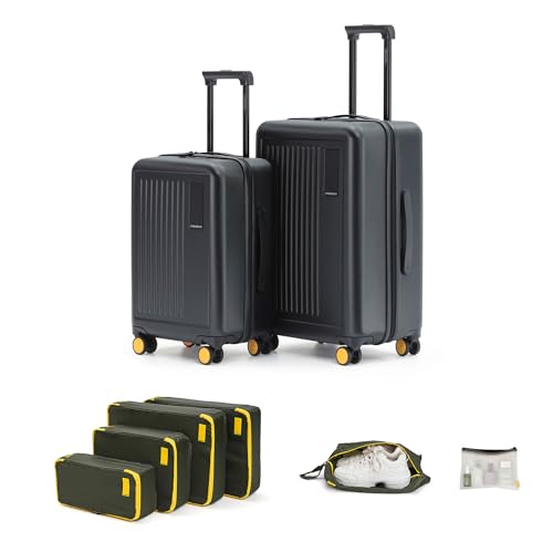 Image of MOKOBARA Transit Travel Combo - Polycarbonate Cabin & Check-in Luggage Set with TSA Lock & Silent Wheels (Black) with 6-Piece Packing Cube Organizer Set, Shoe Bag & Toiletry Pouch (Green)