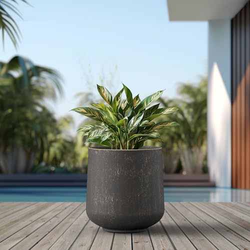 Image of Kante Large Round Curved Vintage BRN Concrete Planter 16.5 inch Dia, Outdoor | Rubber Plug for Indoor, Drainage for Garden, All-Weather Cement Tree Pot, Handcrafted, Anti-Frost & UV, Modern Home Decor