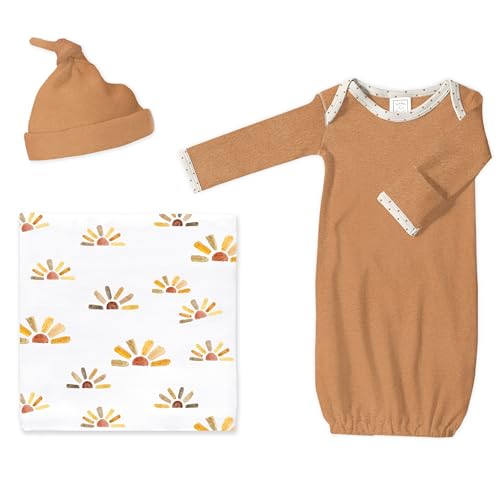 Image of SwaddleDesigns Baby Gift Set, Watercolor Sunny Days Muslin Swaddle Blanket and Butterum Newborn Hat and Pajama Gown with Mitten Cuffs, Softest Cotton