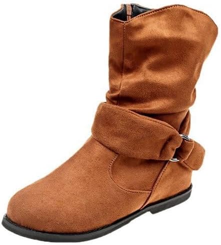 Women's Slouchy Faux Suede Ankle Boots - Comfort Flat Mid-Calf Boots with Buckle Detail & Side Zipper, Casual Shoes for Daily Wear & Fall Outfits