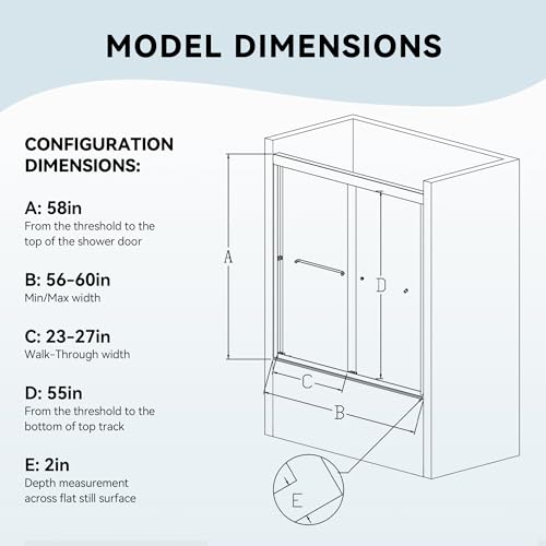 Image of 56-60 inch W x 58 inch H Semi-Frameless Tub Shower Door, Bypass Double Sliding Bathtub Shower Glass Doors with 1 /4 inch (6mm) Clear SGCC Tempered Glass and Stainless Steel Handles, Matte Black