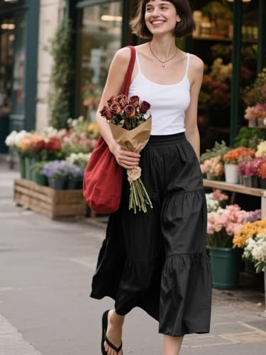 HUSKARY Women Summer Midi Skirt Casual Elastic High Waist Pleated A-Line Flowy Swing Tiered Beach Vacation Skirts4