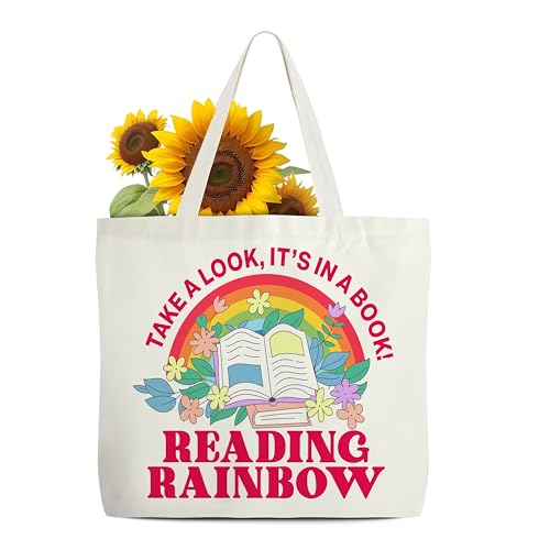 Dskly Womens Book Tote Bag Reading Rainbow Canvas Tote Bags Book Club Gifts Bookish Gifts for Book Lovers Bookworm Librarian Reader Writer Teacher Aesthetic Reusable Grocery Bag -02