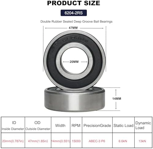 10 Pack 6204-2RS Double Rubber Seal Deep Groove Ball Bearings 20x47x14mm, Pre-Lubricated and Stable Performance and Cost Effective Bearings (6204-RS) - 1