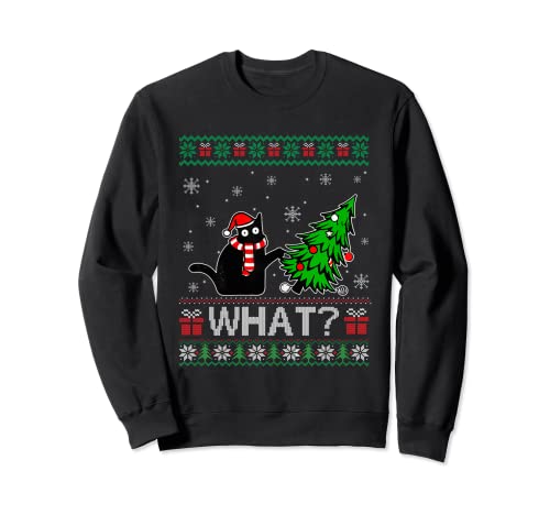 Cat What Funny Black Cat Pushing Weihnachtsbaum Ugly Xmas Sweatshirt