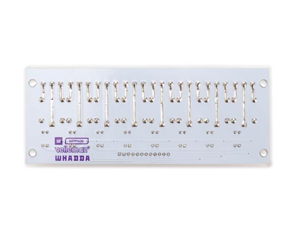 ມຸມເທິງ view of the Whadda WPM436 8-channel relay board, highlighting the input pin header and the power input section.