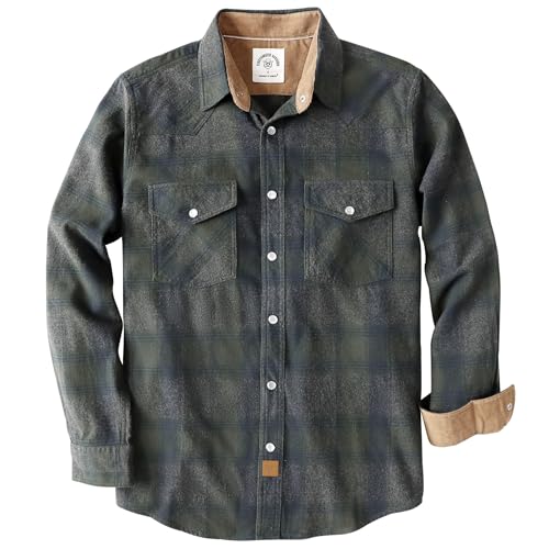 Dubinik® 6 oz Chemise Flanelle Homme Western Cowboy Manches Longues Carreaux Vintage Bouton Pression Casual Double Poche Brun Clair, Gris Et Vert XL