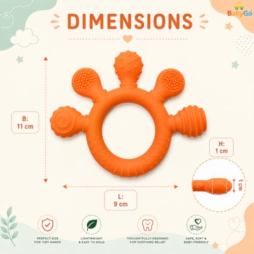 Image of BabyGo 2-in-1 Baby Teether & Sensory Ring | Soft Silicone Multi-Textured Chew Toy for Gum Soothing | Mouthing & Sensory Development | Easy-Grip Toy for Infants 3-12 Months | Orange | Pack of 1