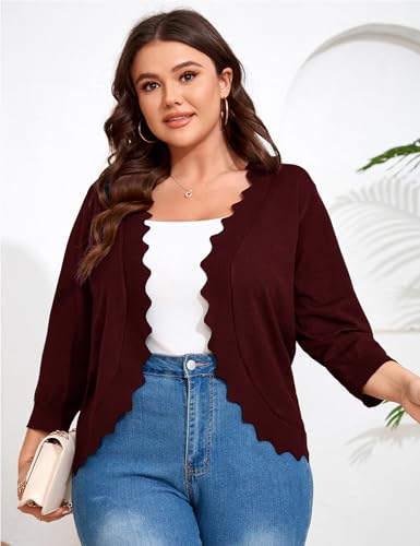 Womens 3/4 Sleeve Cardigan Plus Size Casual Knit Sweater Cardigan Scallop Hemline Open-Front Shrug Sweaters2
